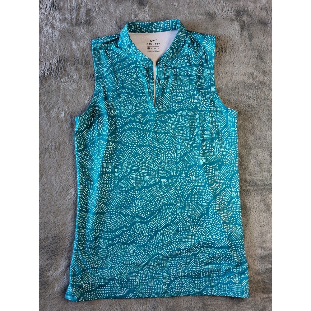 Nike Dri-FIT Womens Sleeveless Golf Polo Shirt Teal Dotted Wave Mock Neck XS